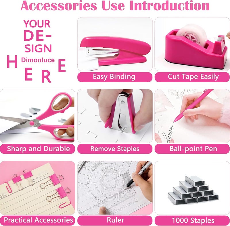 Dimonluce Hot Pink Desk Accessories, Hot Pink Office Supplies Accessories with Tape Dispenser, Stapler, Staple Remover, 1000 Staples, Tape, Clips Set, Ruler, Scissor, Pen - Image 2